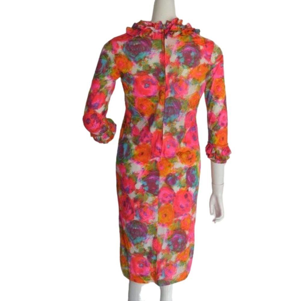 60's Vintage Dress, XS/S, Bright color, Ruffle neck/Cuffs, Abstract Floral - Picture 5 of 10